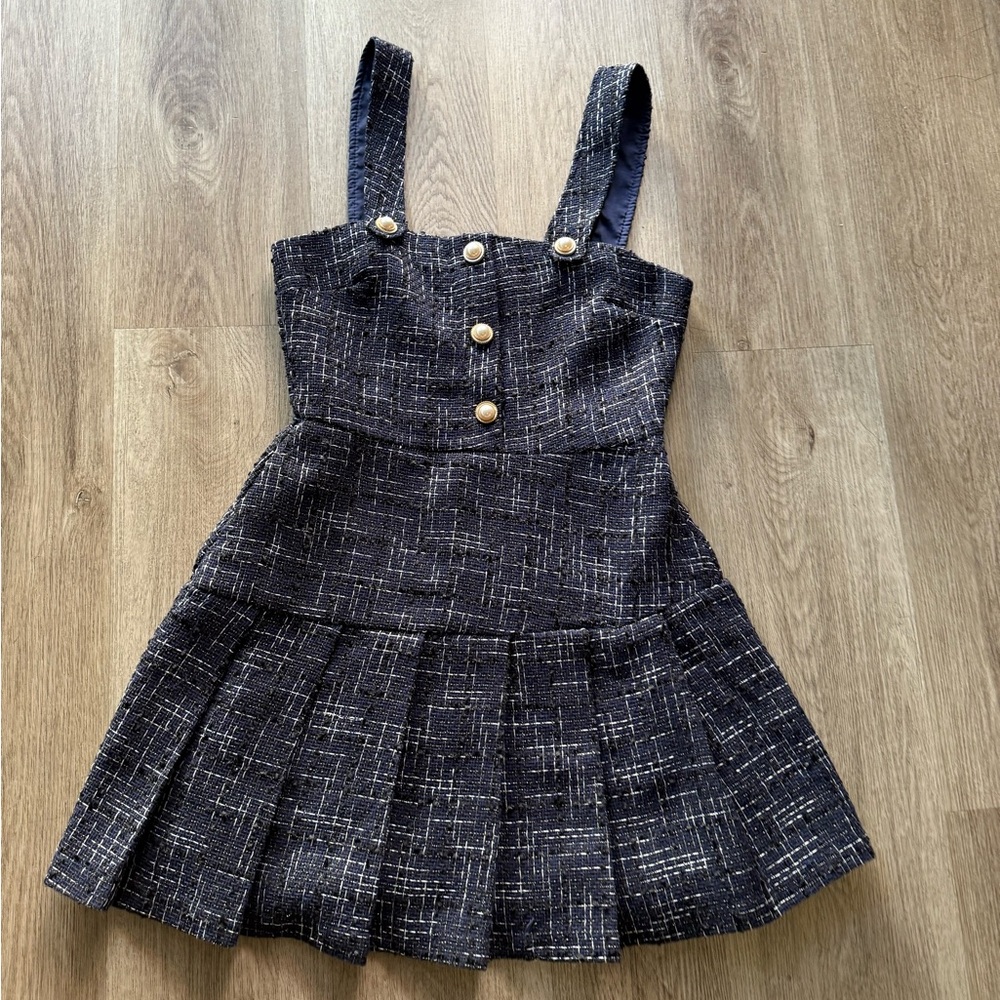 francescas jaime navy blue tweed square neck pleated mini party dress small